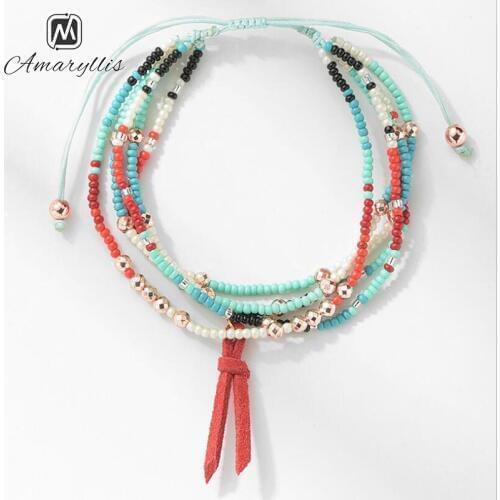 Amaiyllis Bohemia Beads Strand Bracelet Bangle For Women Ethnic Adjustable Handcarft Leather Pendant Statement Bracelet Pulseras