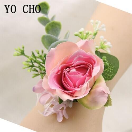 YO CHO Wrist Corsage Wedding Bridesmaid Bracelet Pink White Silk Flower Women Brooch Groom Boutonniere Marriage Wedding Corsages