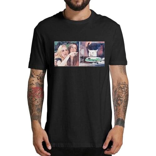 Funny Ugly Angry Women Yelling At Confused Cat At Dinner Table Men T-Shirt High quality 100% cotton t-shirts for men and women