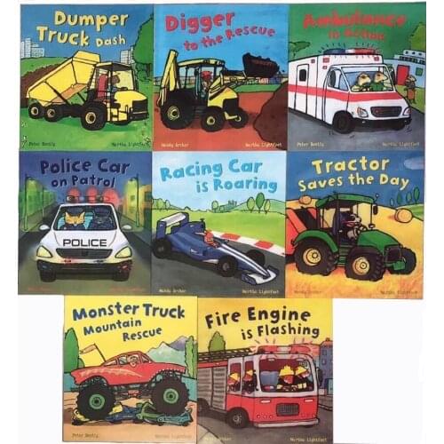 8 PCS/Set Busy Wheels Excavator Fire Truck Racing Tractor Ambulance English Picture Story Book Boy Kids Knowledge Education