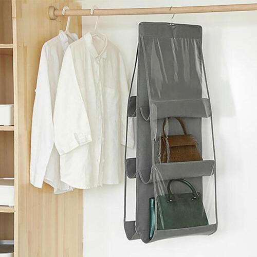 Space Saving 6 Pockets Hanging Purse Handbag Tote Bag Storage Organizer Closet Organizer Transparent Bag