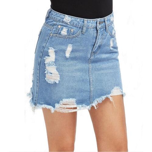 Summer women fashion slim high waist water wash ripped denim skirt female trendy color vintage A-line sexy jean cotton bottom