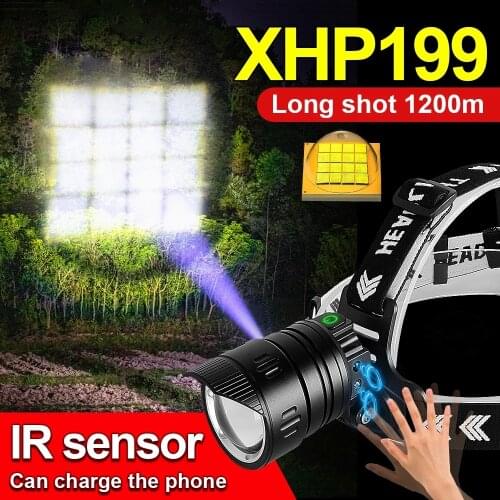 Newest XHP199 IR Sensor Powerful Led Headlamp 18650 Usb Rechargeable Head Flashlight Multifunction Zoom Fishing Head Lamp Light