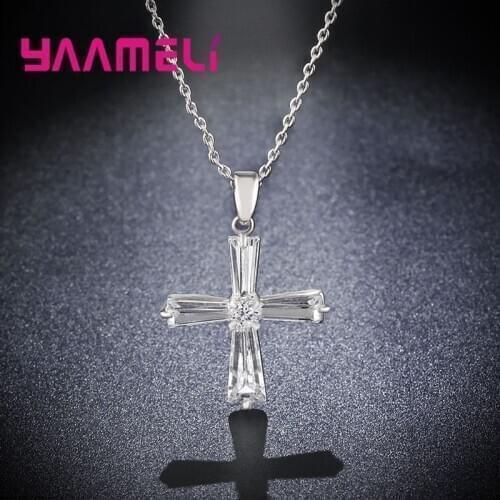 Original S925 Sterling Silver Women Men Necklace Shining Cubic Zirconia Paved Cross Pendant/Chain Wedding Party Accessories