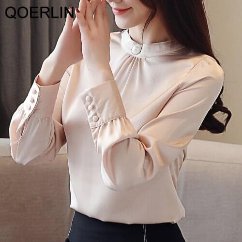 QOERLIN 2021 Autumn Womens Shirt Satin Chiffon Basic Stand Collar Female Blouses Bishop Sleeve Fashion Top Shirts Plus Size