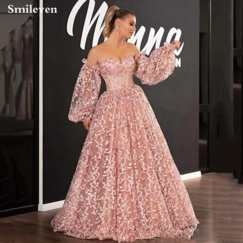 Smileven Pink Lace 3D Flowers Formal Evening Dresses Sweetheart Neck Puff Sleeve Proom Dresses Off The Shoulder Party Gowns
