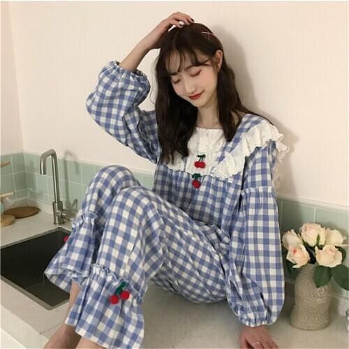 Plaid pajamas suit long sleeve yukata women Korean style fresh loose home clothes elegant pajamas square collar пижама 2020