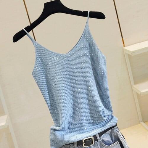 Woman Camisole Top Hot Drilling Camisoles Womens Summer Outer Wear Knitted Sleeveless Underwear Sexy V-neck Shirt Tank Top