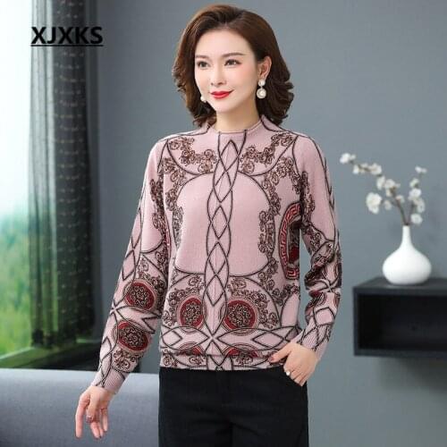 XJXKS Loose plus size women printed sweater 2020 spring new comfortable 100% wool knitted sweater women turtleneck pullover