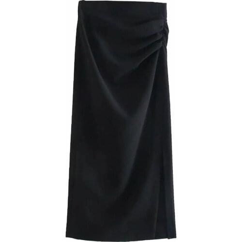 Xikom 2021 Summer Women Fashion Draped Front Slit Cotton Black Midi Skirt Female Vintage High Waist Skirts