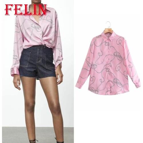 Za 2021 Women Chic Pink Geometric Print Loose Shirts Single Button Stain Streetwear Blouses Stylish Elegant Mujer Tops