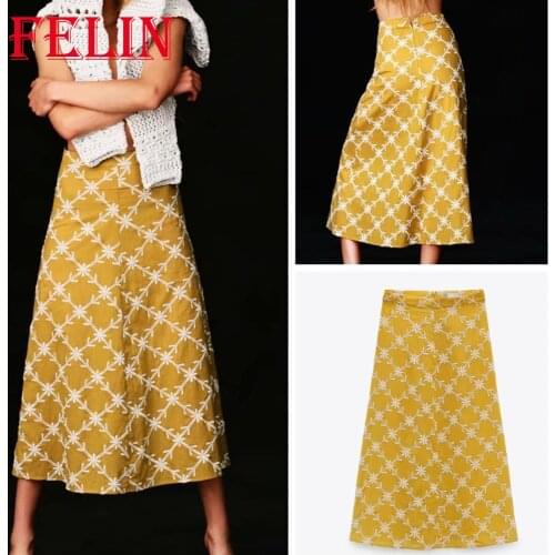 Za Women Chic Snowflake Embroidered Skirt Summer Yellow Elegand Styl Skirt Woven 100% Cotton Oversized Mid Mujer Moda