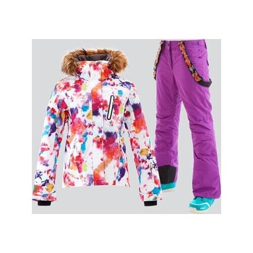2021 GSOU SNOW Women Ski Suit Skiing Jacket Pant Fur Hooded Snowboard Clothing Trouser Windproof Waterproof Breathable Warm Set