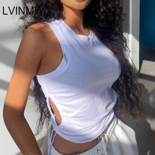 LVINMW O Neck Sleeveless Lace Up Pleated Solid Basic Casual Crop Top Hollow Out Slim Fashion Summer Tank Tops Women Streetwear