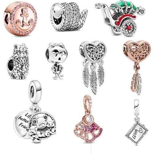 100% 925 Sterling Silver Rose Gold Shadow Catching Trolley Beaded Fan Pendant Fit Women Bracelet & Necklace Diy Jewelry