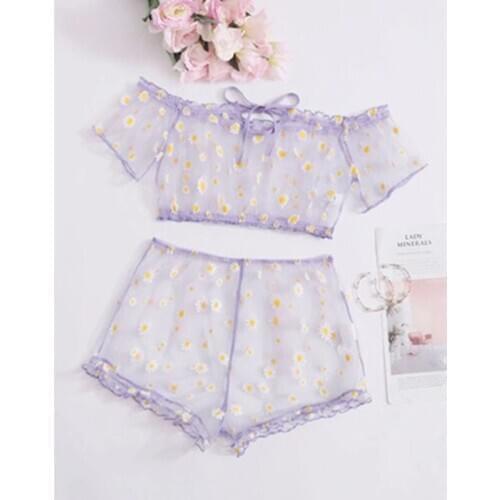 Babydoll 2Pcs Womens Sexy Lingerie Daisy Print Lace See-through Thongs +Tops Panties Sexy Costumes Nightwear