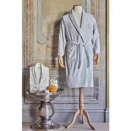 Karaca Home Eldora Silvery Embroidered Offwhit -Gray Bathrobe Set 3 Pcs