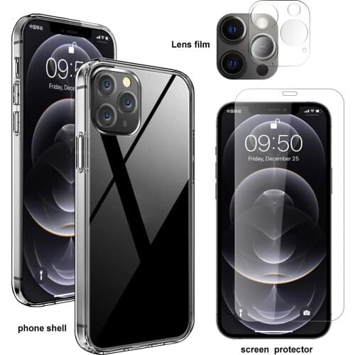 3 pack Mobile Phone Protection Set Tempered Glass Screen Protector Camera Lens Protector and TPU Soft Case For iPhone 12