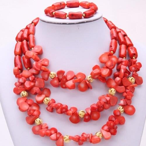 4ujewelry Nigerian Bridal Coral Beads Necklace Orange WaterDrop Coral Beads Earrings Bracelet Necklace African Set Costume