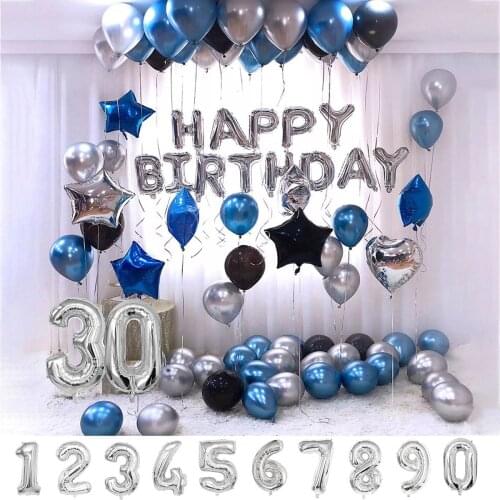 76pcs Silver Blue Metal Latex Balloons 1st 2 3 5 10 28 20 35 45 55 65 Years Old Boy Man Kids Happy Birthday Party Decorations