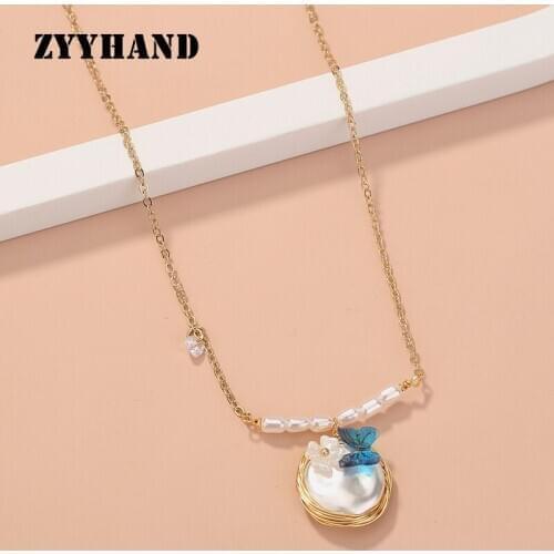 ZYYHAND Natural Stone Baroque Pearl Cross Chain Women Gold-Color Romantic Butterfly Party Wedding Wrap Luxury Nest Girl Necklace