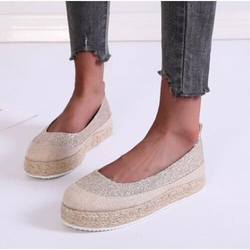Big Size 43 Women Espadrilles Sequined Cloth Slip on Shoes Straw Female Loafers Flat On Platform Boat Shoes Zapatos Mujer 9347L