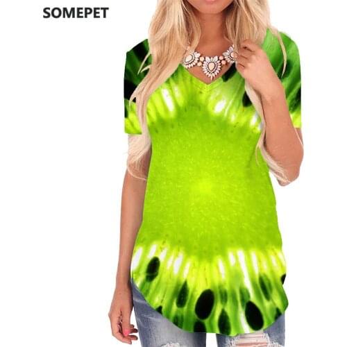 SOMEPET Kiwi T Shirt Women Fruit T-shirts 3d Green V-neck Tshirt Dizziness Tshirts Printed Womens Clothing Hip hop Casual Tops