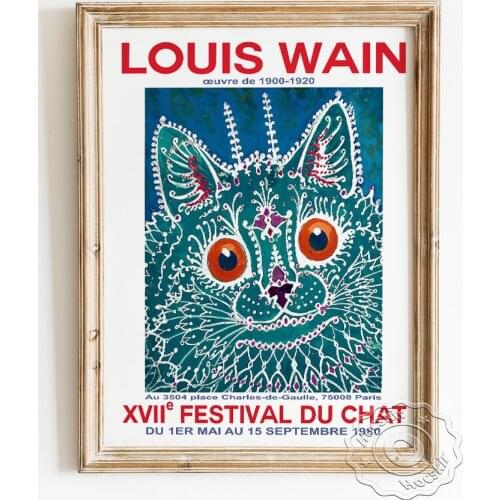 Louis Wain Cryptic Cats Poster, Outsider Art Prints Canvas Painting, Blue Animal Portrait Naive Wall Stickers, Gothic Home Decor