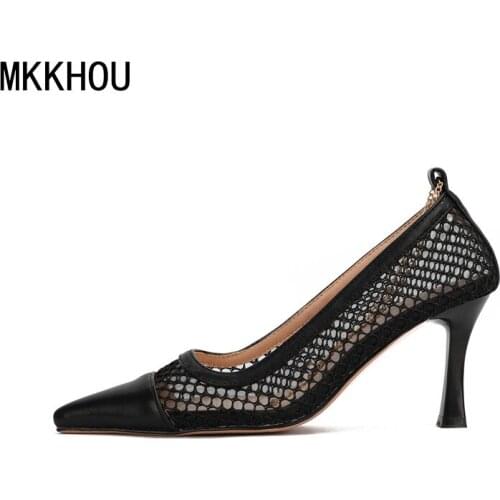 MKKHOU Fashion Single Shoes Women New Sexy Mesh Pointed Shallow Mouth Metal Chain Stiletto Heel Ladies All-Match High Heels