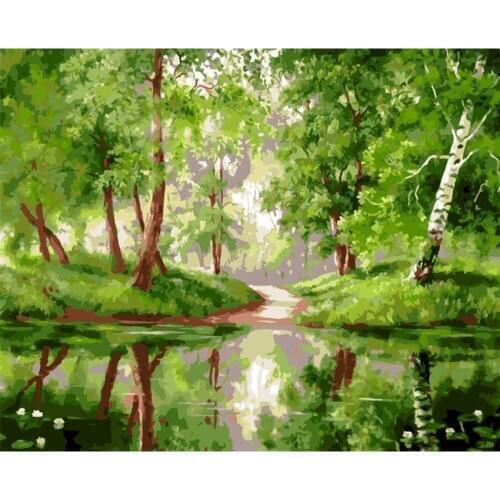DIY Digital Painting By Numbers Package Green riverside forest oil painting mural Kits Coloring Wall Art Picture Gift frameless