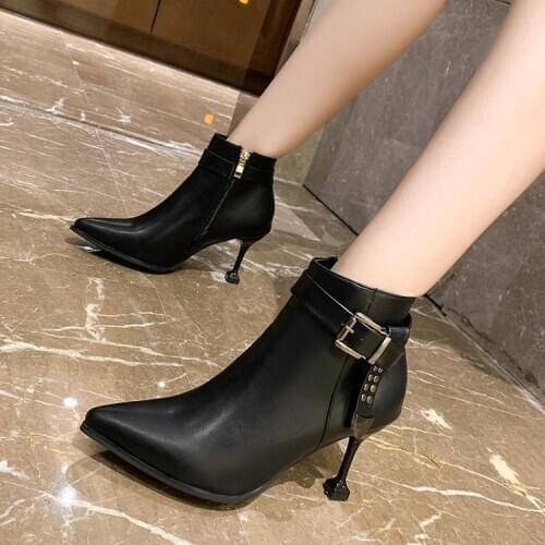 Autumn Winter new high-heeled short boots women stiletto pointed belt buckle short boots side zipper women shoes Martin boots