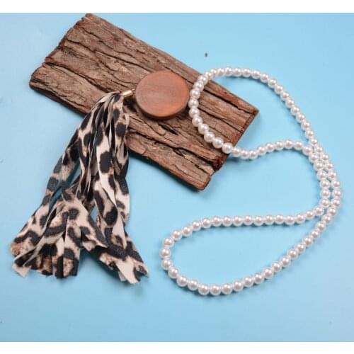 Rainbery Monogram Blank Wooden Disc Pearl Necklace Leopard And Snakeskin Tassel Necklace JN1184