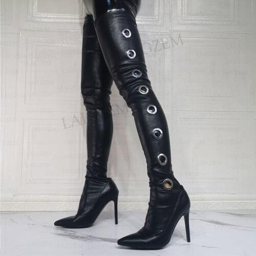 SEIIHEM Women Thigh High High Boots Cut Outs Stretchy High Heels Boots Over Knee Ladies Black Shoes Woman Big Size 39 43 45 47