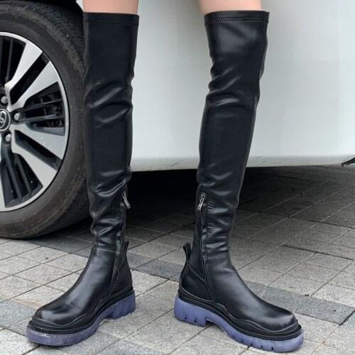New Winter Genuine Leather Handmade Women Boots High Platform Round Toe Chunky Square Heels Elastic Over The Knee Women Boots