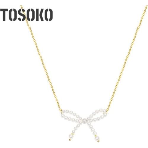 TOSOKO Stainless Steel Jewelry Imitation Pearl Bow Pendant Necklace Female Clavicle Chain BSP815