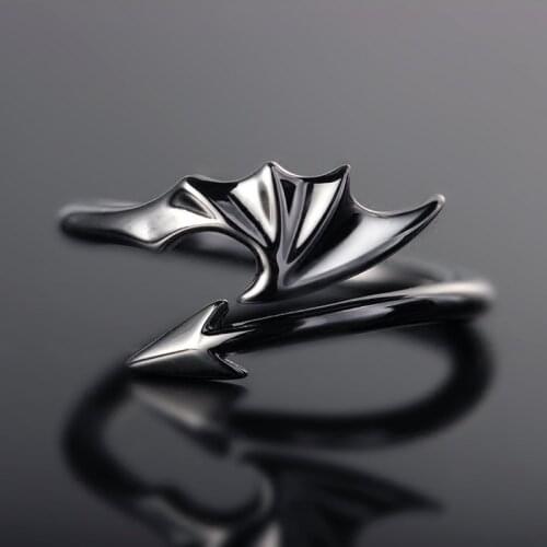 UFOORO Punk Style Titanium Little Devil Dragon Gothic Evil Vampire Angel Wings Rings Open Ring Halloween Party Jewelry With Box
