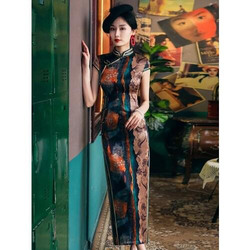 Qipao Evening Dresses Silk Cheongsam Dress Printing Large Size Cheongsams Traditional Qipao Chinese Dress Oriental Dress
