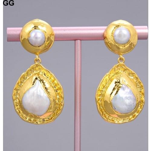 GuaiGuai Jewelry Natural White Coin Keshi Pearl Teardrop Gold Color Color Plated Earrings