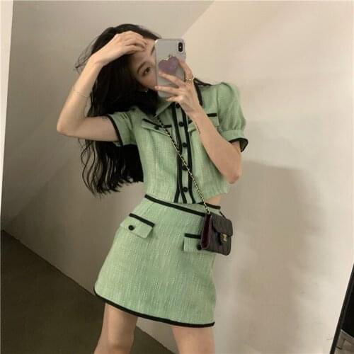 French Temperament Fashion Shirts Women Hit Color Puff Short Sleeve Jacket Crop Lapel Top Blouse Sexy Mini Striped Skirt Chic