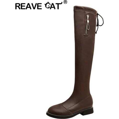 REAVE CAT INS ZA Women Knee High Boots Full Cow Leather Warm Boots Thick High Heels Motorcycle Boots Punk Shoes Woman High Boots