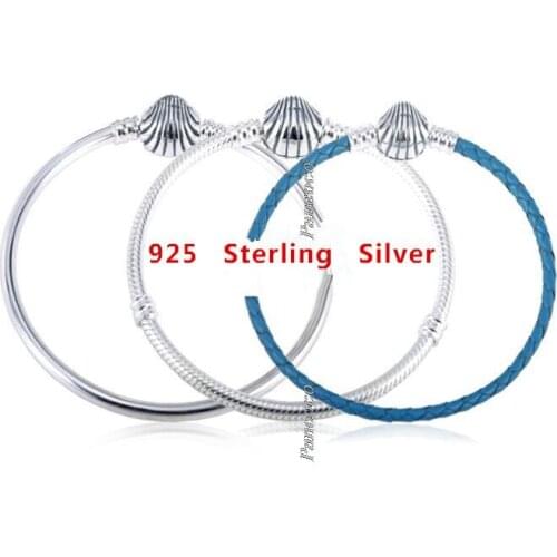 Authentic 925 Sterling Silver Seashell Clasp Turquoise Leather Bangle Bracelet Fit Women Bead Charm Fashion Jewelry