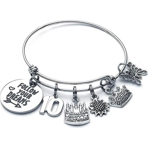 Birthday Charm Bracelets With Crown Numbers Text Sunflower Cake Heart Shape Bracelet Birthday Gift For Women Girls Handmade DIY