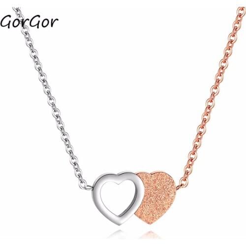 GorGor Ladies Accessories Hollow-out Frosted Double Heart Pendant Titanium Steel Fashion Asymmetric Color Women Necklace 1449