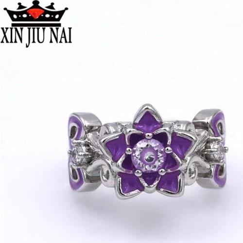 Elegant Lotus Flower Zircon Engagement religion Ring For Women Unique Purple Enamel Wedding Rings Fashion Brand Jewelry Gifts