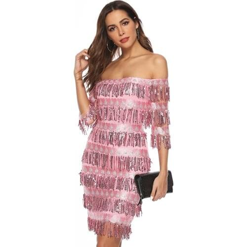 Sexy Vestido Tassel Sequined Dress Slash Neck Half Sleeve Mini Fringe Sequin Nightclub Female Party Dresses