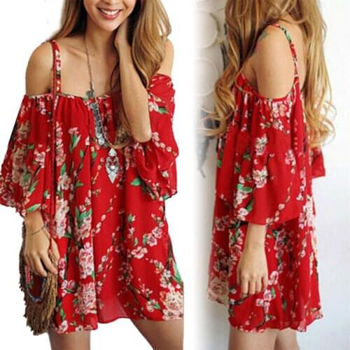 Womens Printed V Neck Cold Shoulder Sling Dress Loose Red Vintage Dress Summer Beach Supply LXH