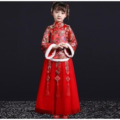 Winter Girls Ancient Hanfu New Years Red Tang Suit Wedding Flower Childrens Wear Birthday Dress Performance Clothing