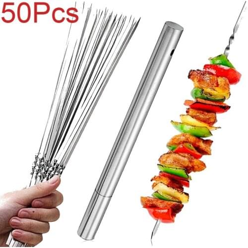 50Pcs Reusable Barbecue Skewers Stainless Steel Grill Skewers Shish Kebab BBQ Camping Flat Forks Gadgets Kitchen Accessories