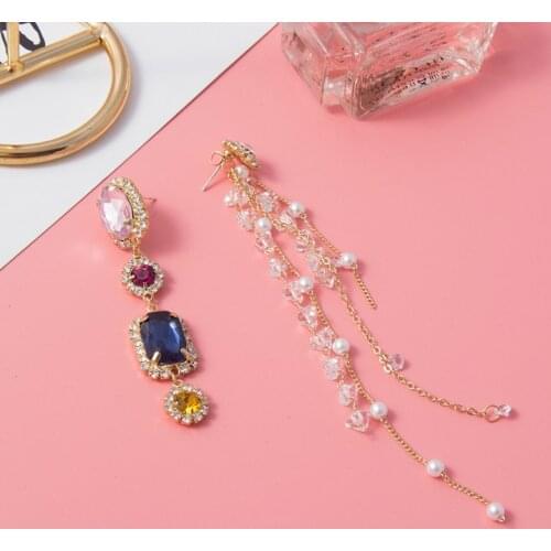 Elegant Asymmetry Shiny Rhinestone Dangle Earrings Long Chain Pearl Tassel Drop Earrings Charm Jewelry Earring for Women Gift