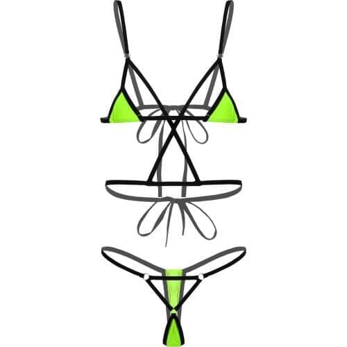Erotic Bikini Lingerie Set Womens Strappy Lace-Up O-Ring Sexy Clothing Adjustable Spaghetti Strap Bra Tops with G-String Briefs